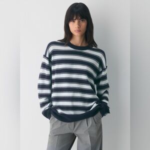 NWT Aritzia Women's Cashmere Navy  and Light Gray Striped Crewneck Sweater